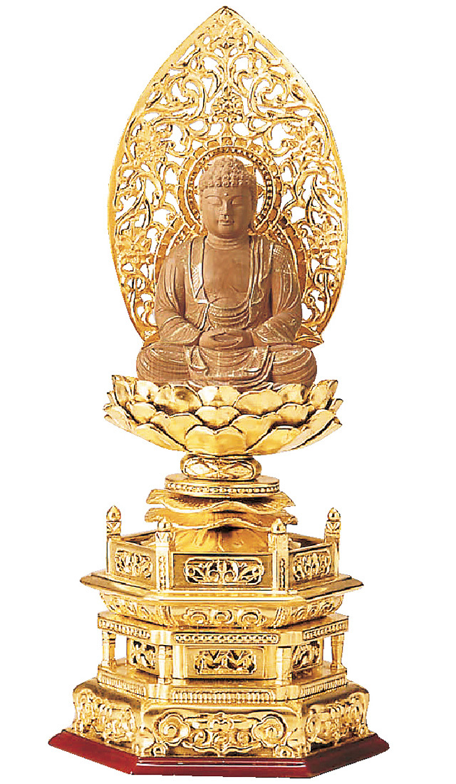 純金箔押 六角台座 仏白檀 座釈迦 唐草光背 仏金泥 2.0寸～3.0寸