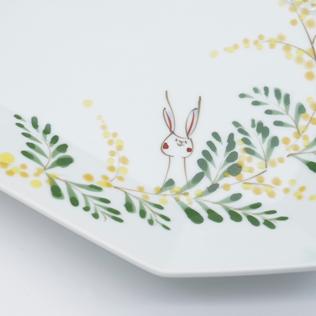 空萌工房のうさぎシリーズ 田口紀美子 うさぎとミモザ 大皿 ミモザと