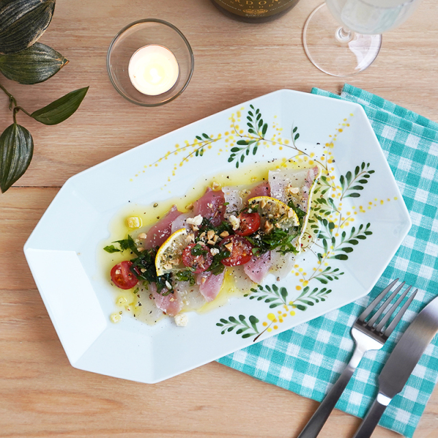 ミモザとうさぎ／八角長皿(大)｜空萌工房(そらもえこうぼう)｜田口紀美子