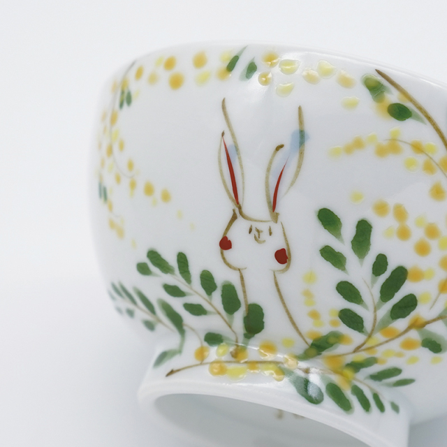 ミモザとうさぎ／飯碗｜空萌工房(そらもえこうぼう)｜田口紀美子