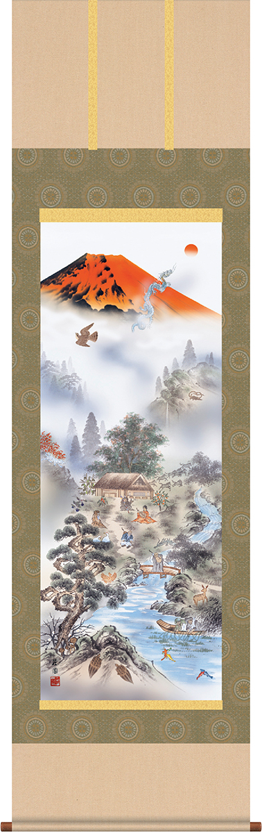 掛け軸 赤富士四神万全図 有馬荘園 尺三