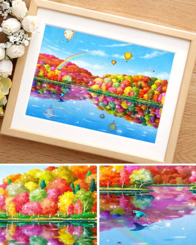 絵画 湖 水辺 風水 インテリア 「虹色紅葉」 紅葉 秋 玄関 リビング
