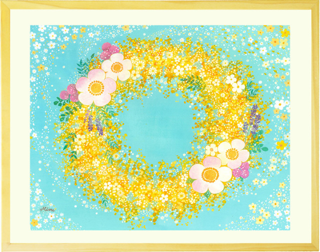 絵画 花 ミモザのリース 「つなぐ、つむぐ」 癒し 黄色 幸せ 結婚式