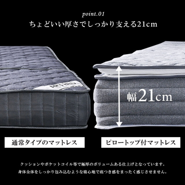 クイーンサイズ 高級 ピロートップ付き ポケットコイル マットレス