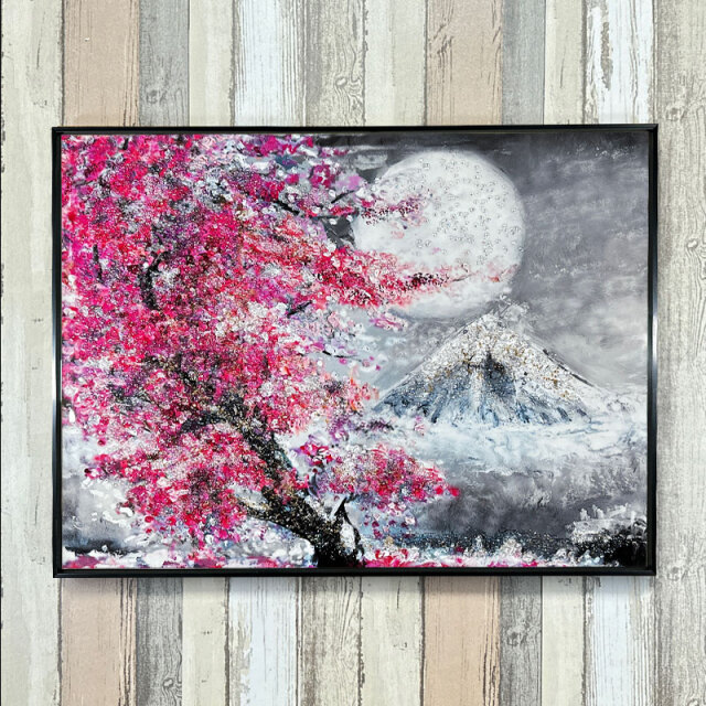水晶パネル アートパネル 60×80cm 桜 月 富士山 風景 黒フレーム付き
