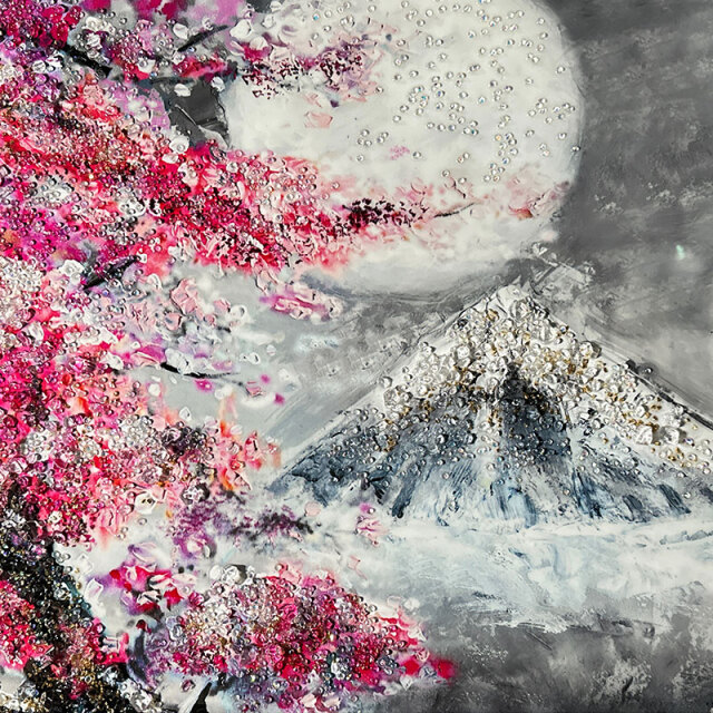 水晶パネル アートパネル 60×80cm 桜 月 富士山 風景 黒フレーム付き