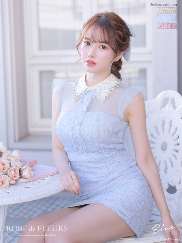 XSサイズあり】ラメツイードxビジュー襟台形ミニキャバドレス(fm2494)