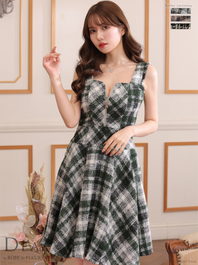 Lサイズあり】ツイードxフロントジッパーフレアミディキャバドレス(DE2801)