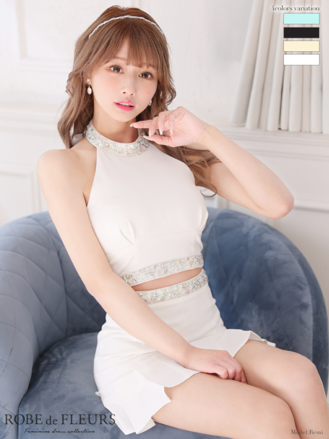 XSサイズあり】ビジュー×ホルターセットアップミニキャバドレス(fm3202)