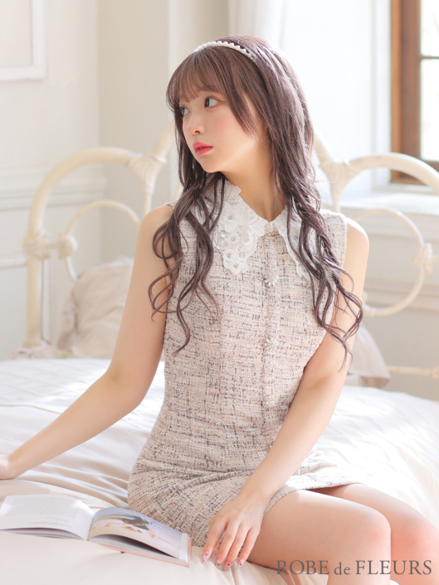 XS～Lサイズあり】フラワーカラー×ニットツイードミニキャバドレス(fm3218)