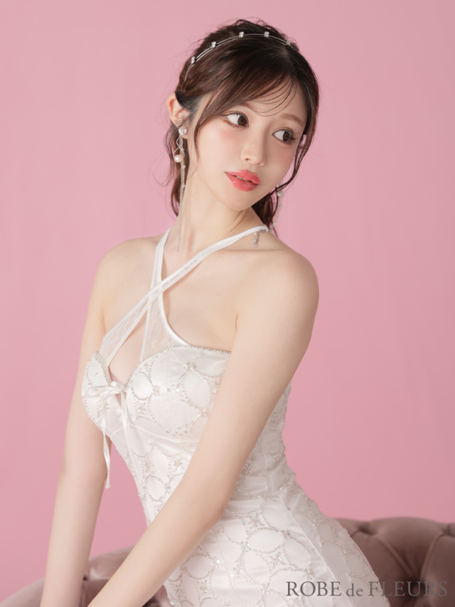 XSサイズあり】サテンチュールリボンクロスネックタイトミニキャバ