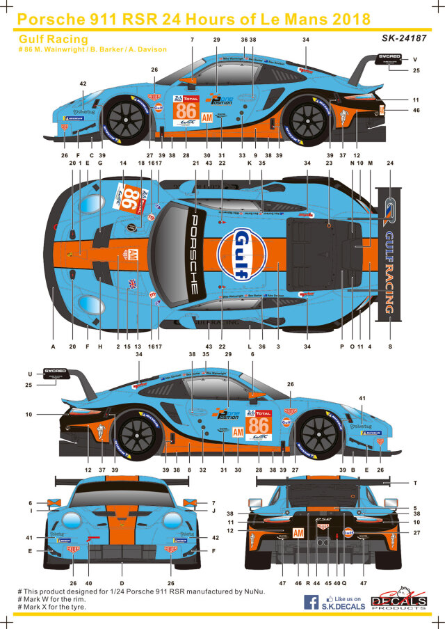 SK Decal 1/24 ポルシェ 911 RSR FIA ルマン 2018 Gulf Racing No.86