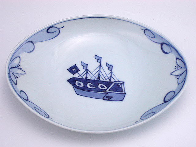 オランダ船舟型中皿 しん窯 青花