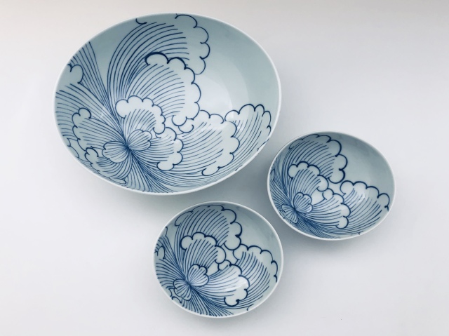 BOTAN楕円組鉢（盛鉢1個、取鉢2個）しん窯青花匠