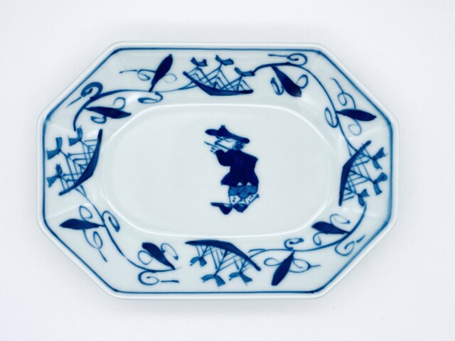 帆船つなぎ八角長角取皿 しん窯 青花