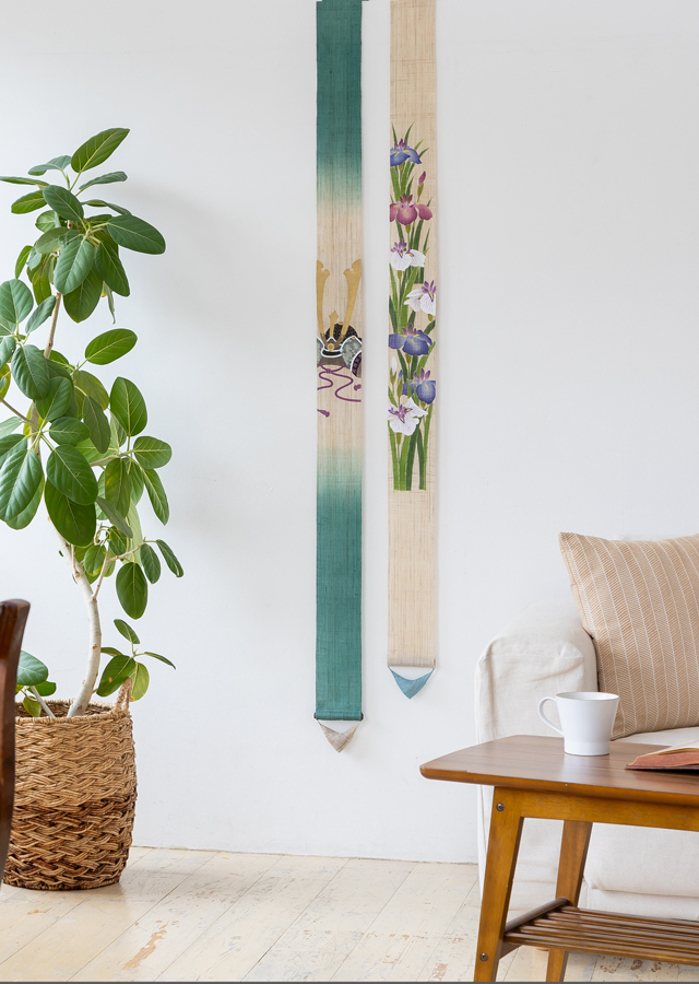 手染め麻細タペストリー「菖蒲の花」 [京都洛柿庵オンラインショップ]