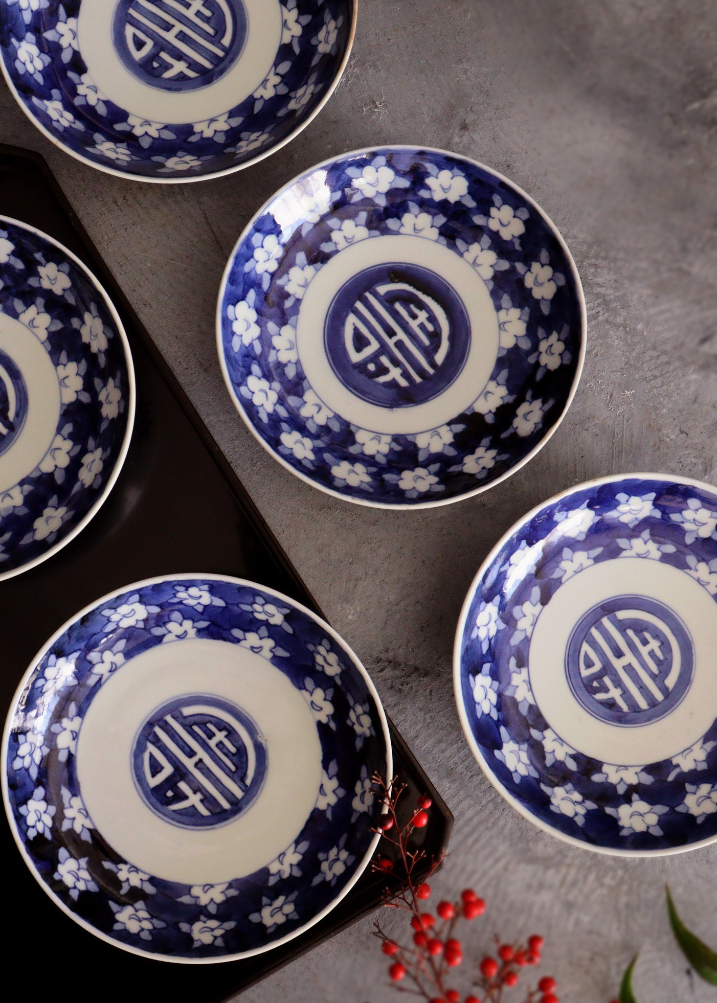 染付手書き寿文花図1cm皿 5枚組 櫛高台 取り皿 盛皿 中皿 プレート