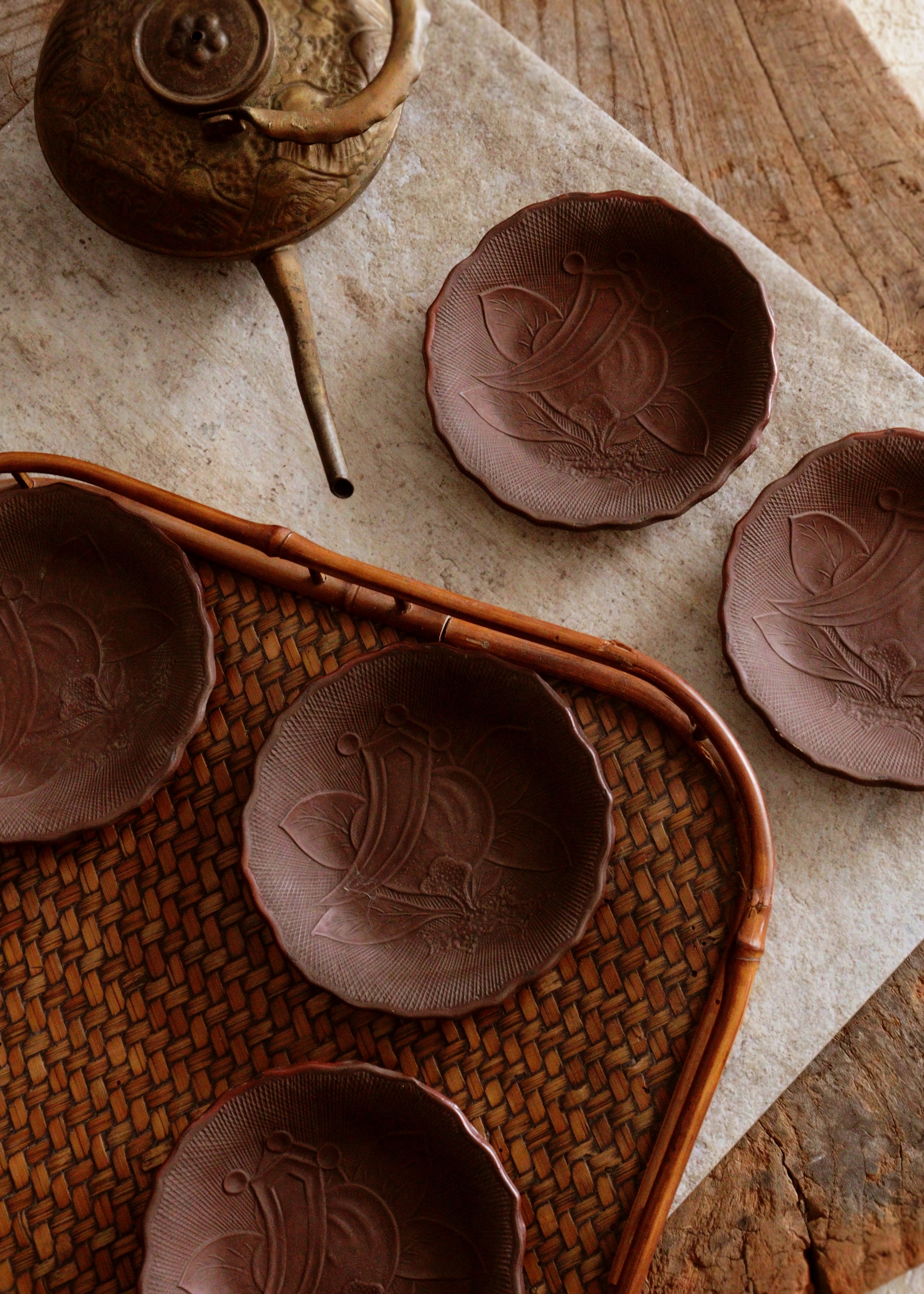 備前焼 煎餅皿 橘と丁子紋様 五枚組 豆皿 小皿Antique Sam's Collection