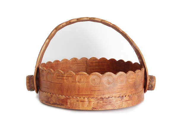 北欧ビンテージ トレイ 白樺トレイ丸型S (持ち手つき) / スウェーデン