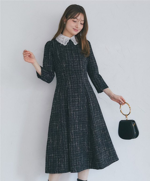 ビジュー×立体モチーフ付きオーガンジーフラワーレース襟ツイード