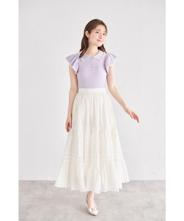 ポケット付きレース切り替えコットンティアードスカート