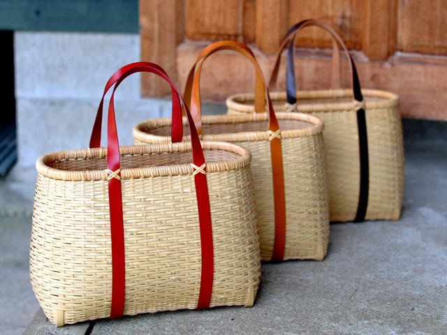 竹かご鞄 大 革手/買い物かご大 革手 －白/竹かご/かごバッグ