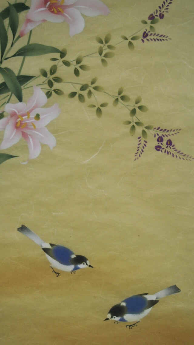 手描き友禅タペストリー【百合にシジュウカラ】