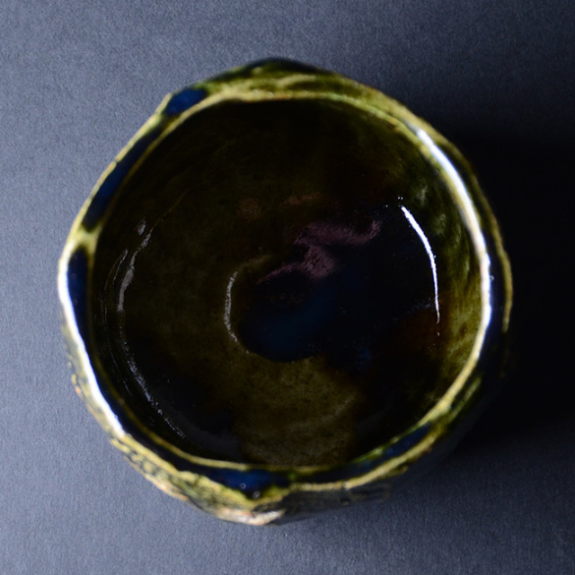 共箱付】大和織部鎬筒茶碗(TK-038) 作家「金本卓也」