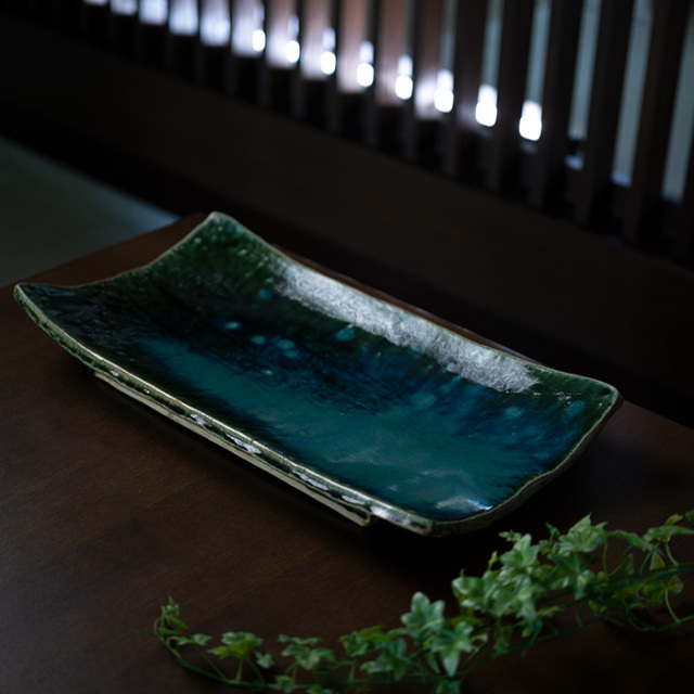 共箱付】京総織部長方皿(YS-243) 作家「瀬津義雄」