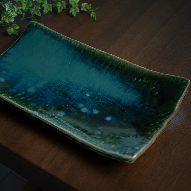 共箱付】京総織部長方皿(YS-243) 作家「瀬津義雄」