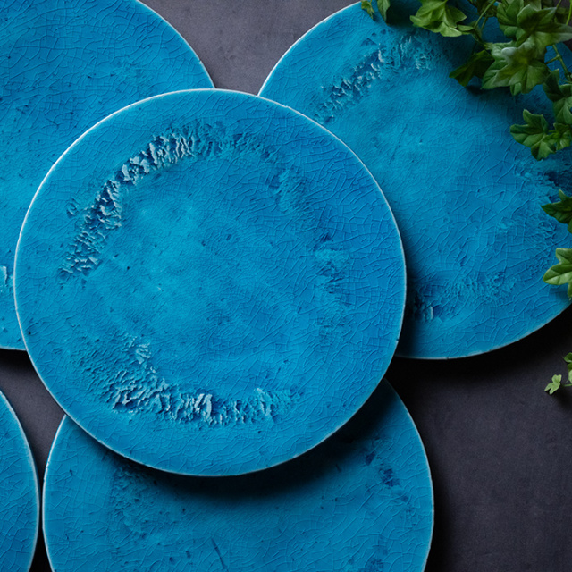 送料無料 ｜和食器 中皿 トルコブルー七寸丸台皿-21cm-（KIA-109