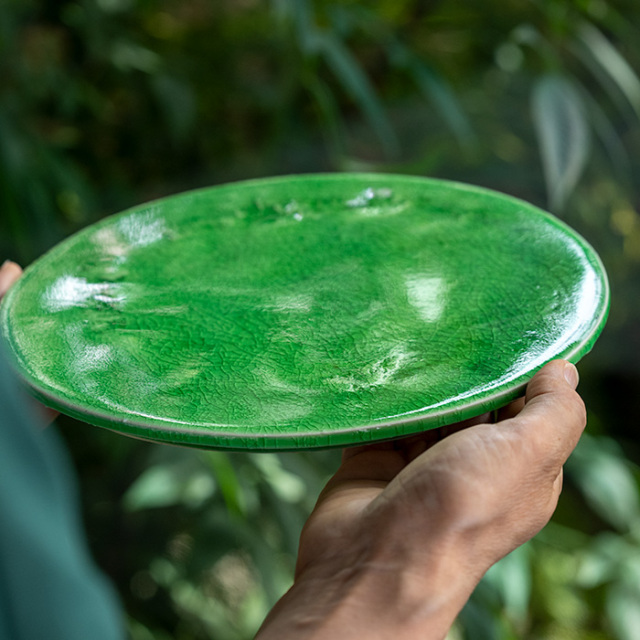送料無料 ｜和食器 中皿 緑釉七寸丸台皿-21cm-（KIA-141） 作家「荒木