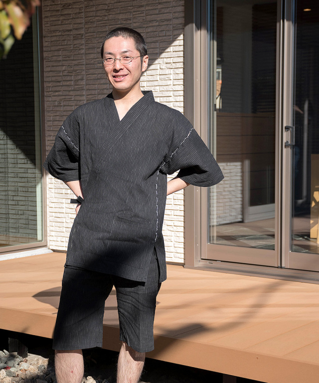 近江ちぢみ絣織甚平（かすりおりじんべい） No.2 黒 (M-LL