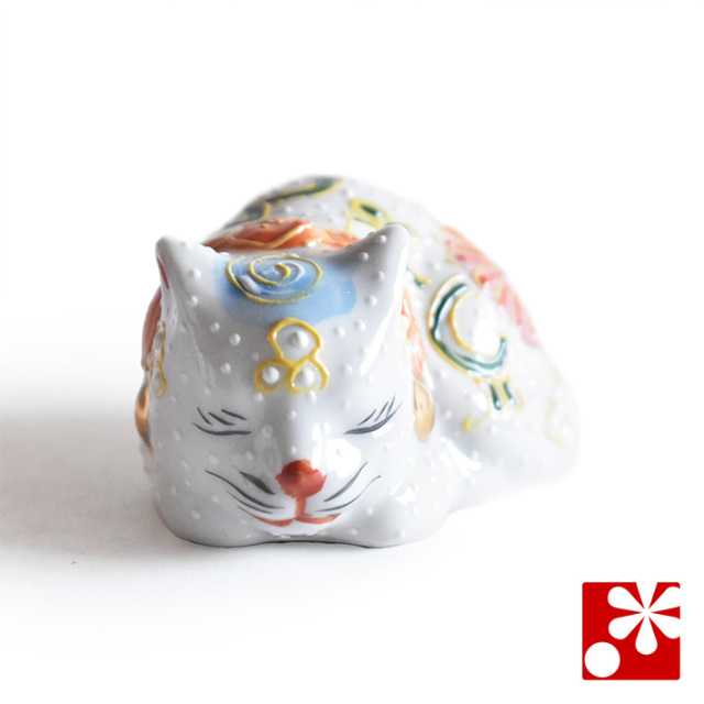 九谷焼 豆眠り猫 置物 白盛