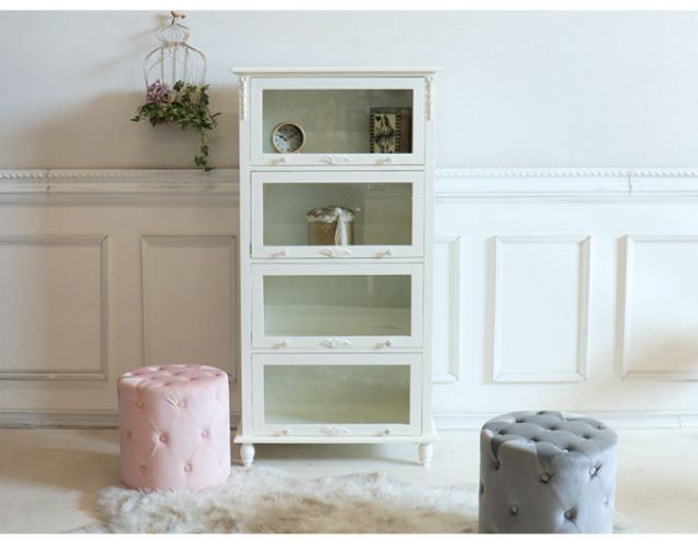 フラップ式 ブックケース 4段 ホワイト｜姫系インテリア 白家具