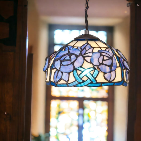 ステンドガラスランプ ペンダントライト 立体の薔薇 ブルー｜おしゃれ