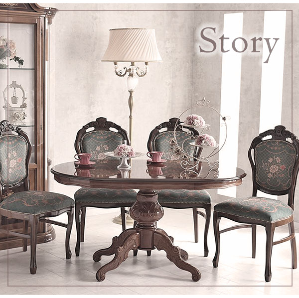 イタリア製 象嵌オーバルダイニングセット5P （ブルーフラワー） 135cm