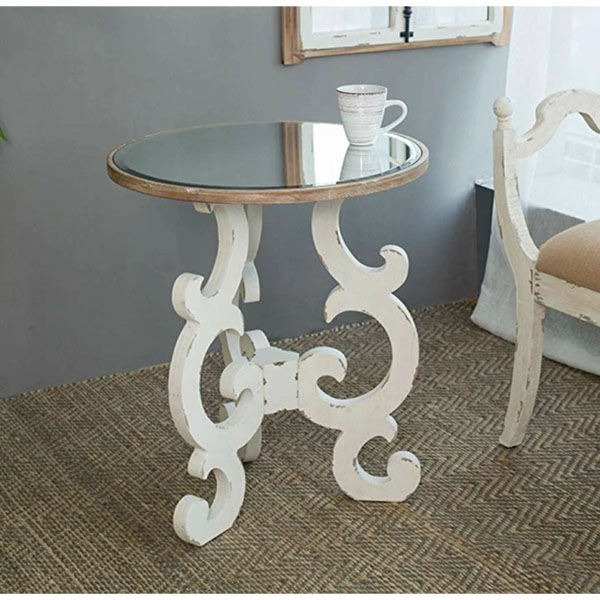 シャビーシック アンティークホワイト サイドテーブル（ミラー天板