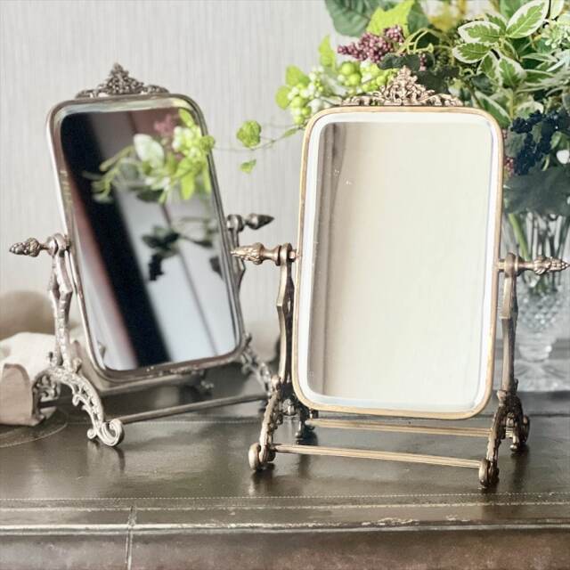 全2色】 真鍮製 アンティーク調 卓上ミラー スタンドミラー 鏡｜Y-KAGU