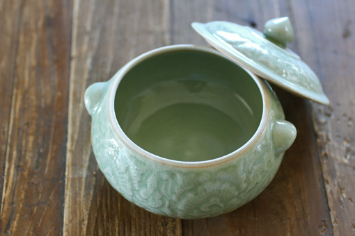 フタつきスープポット フラワー ナチュラル 雑貨とセラドン焼き食器の