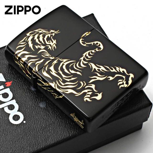 Zippo ジッポー 虎 タイガー 2面連続加工 ブラックマット 金サシ Tiger