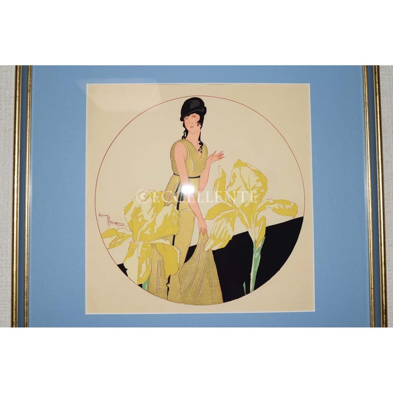 アンティーク雑貨】【アールデコ】リトグラフ 花と女性（額装済み