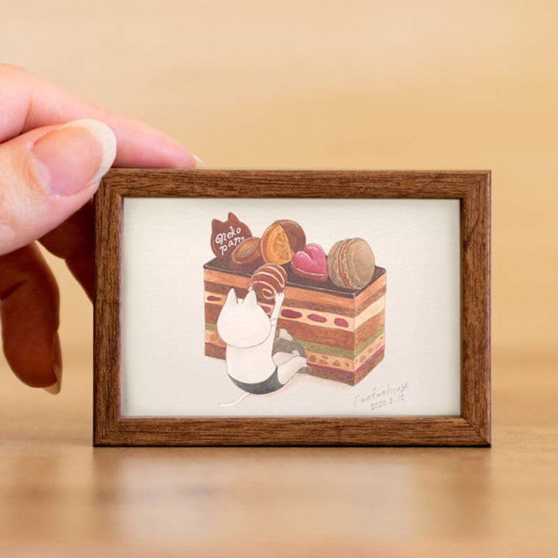 ネコぱんミニフレームイラスト ケーキ スイーツ 水彩画 ブラウン