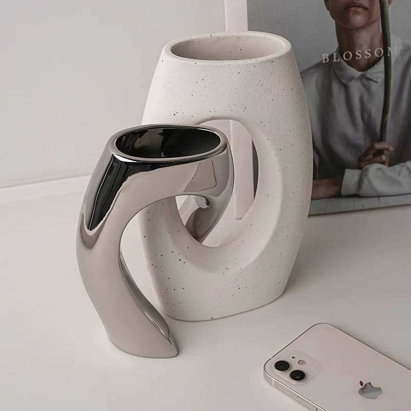 2点セット ホワイト × シルバー セラミック フラワーベース 花瓶 | 70PARK