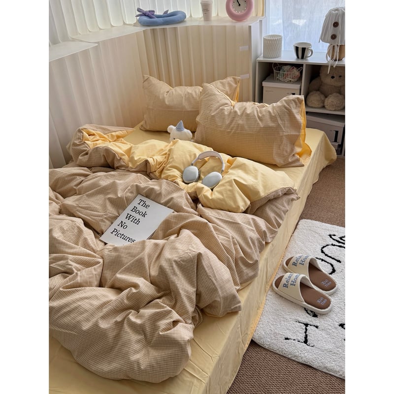 クリーム イエロー チェック柄 布団カバーセット 全2サイズ オール