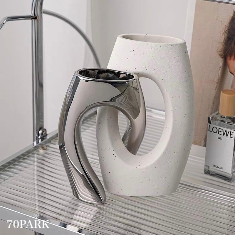 2点セット ホワイト × シルバー セラミック フラワーベース 花瓶 | 70PARK