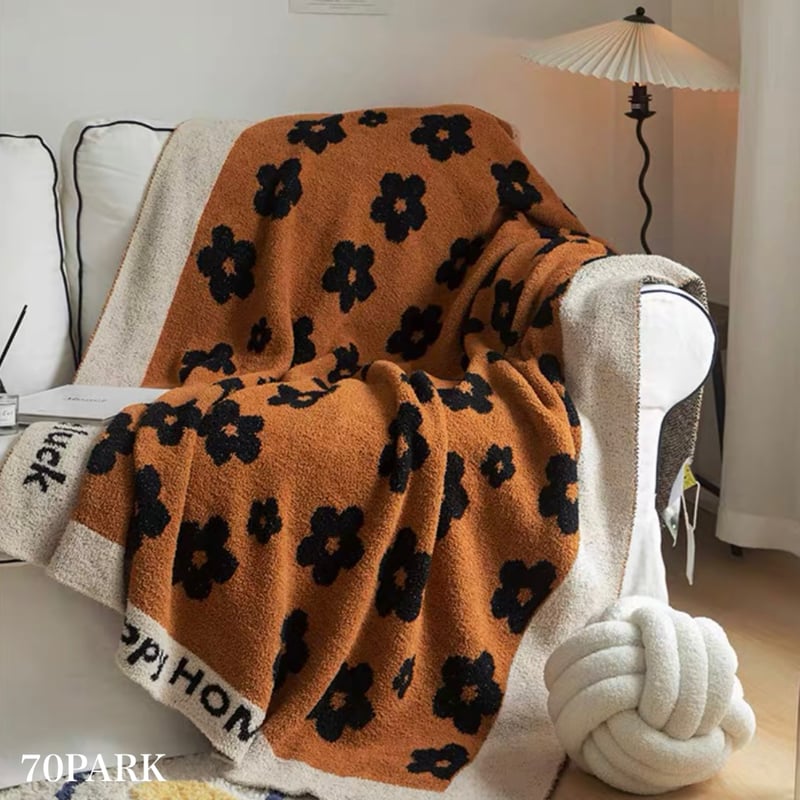 ブラウン 花柄 ブランケット 130×170 膝掛け ニット | 70PARK