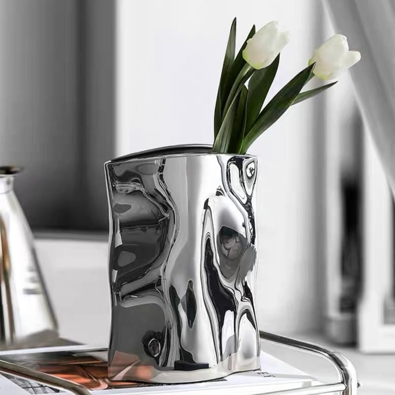 シルバーカラー 縦長 セラミック フラワーベース 花瓶 | 70PARK