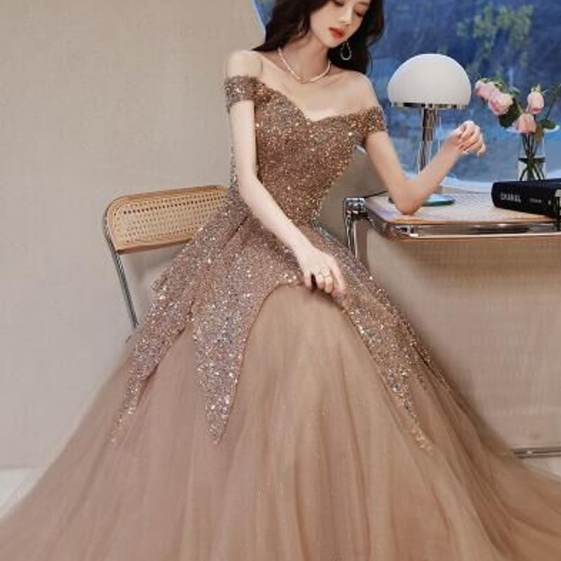 高品質！パーティードレス ゴールド スパンコール オフショル ロング