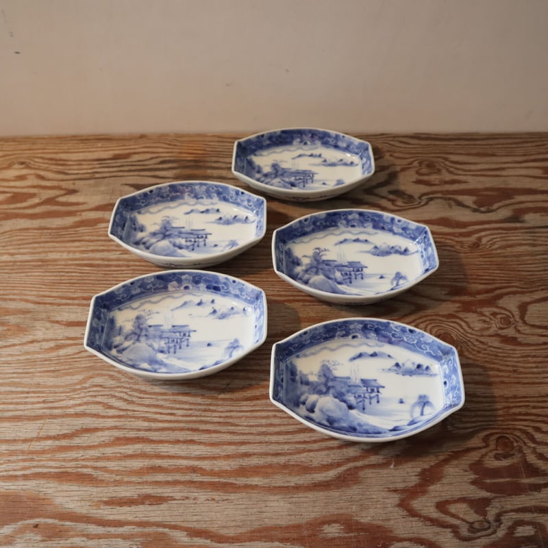 A003【中皿】九谷焼角福 舟形 印判染付け 5点 | うつわ屋 KOJI